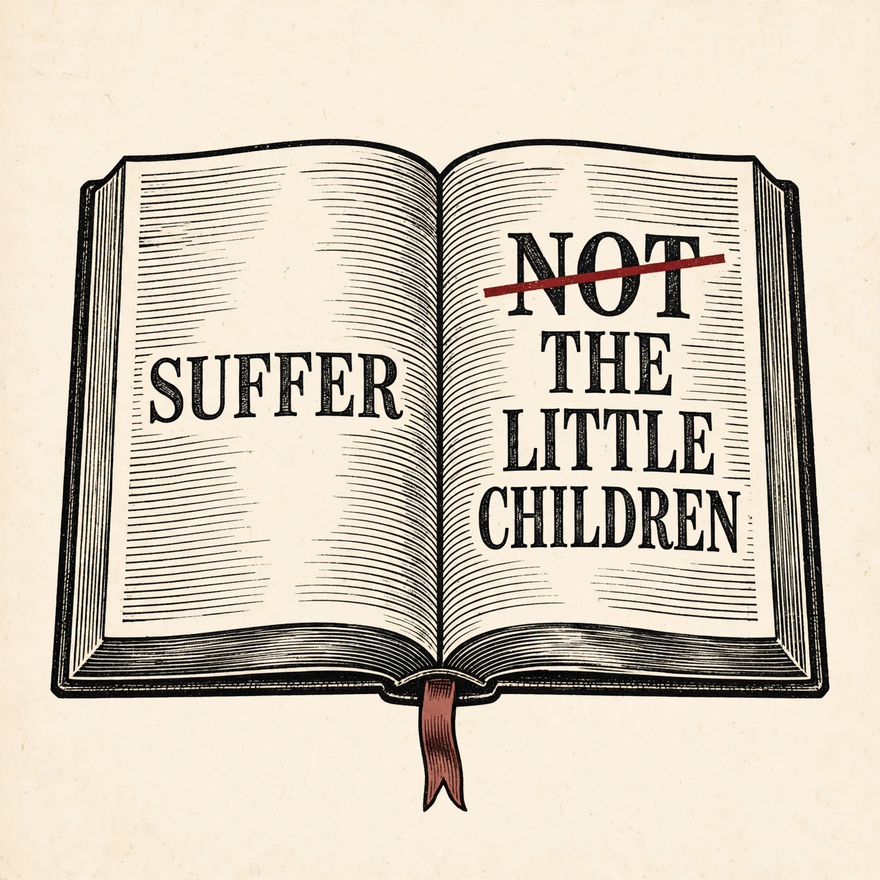 Open Bible emblem: Suffer — the word NOT struck through — the little children